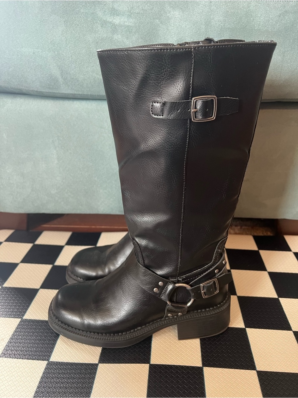FRYE AND CO. Black Leather Harness Combat Boots